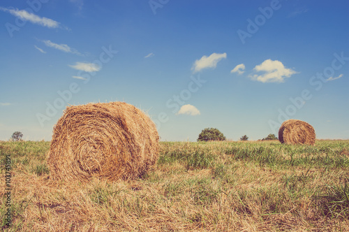 Beutiful landscape showing straw bales on stubble field
