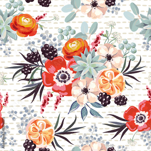 Bouquet with blackberries and succulents on the white background. Vector seamless pattern with flowers.