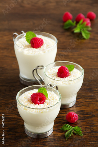 Panna cotta with raspberry and coconut.