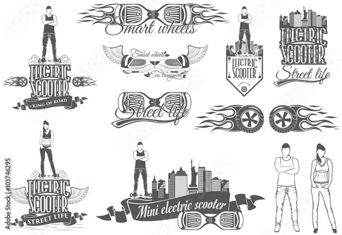 A set of logos for store. Two wheeled self-balancing mini electr
