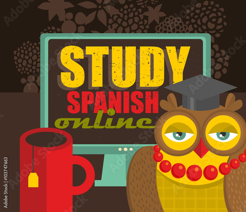 Teacher owl recommending course of Spanish language on-line.