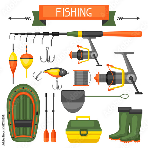 Set of fishing supplies. Objects for decoration, design on advertising booklets, banners, flayers