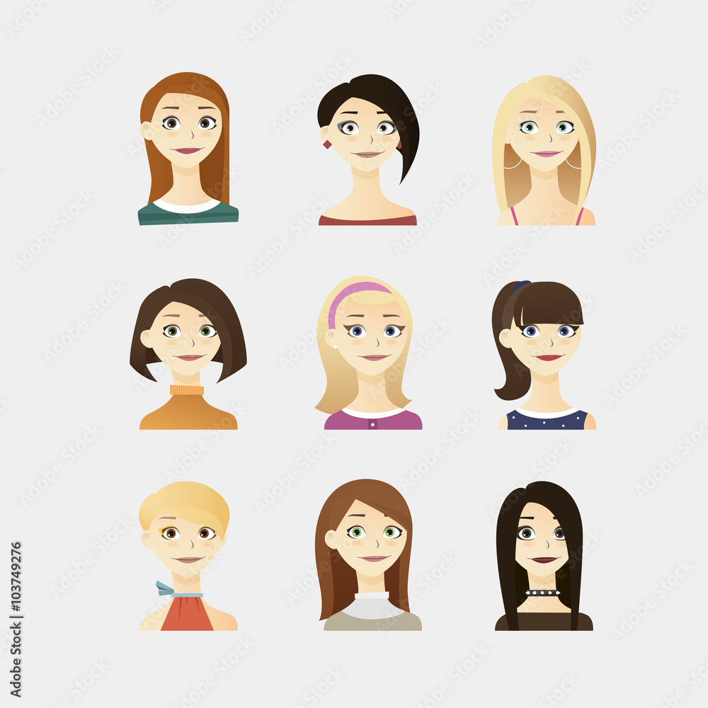 Cute vector illustrations set of beautiful young girls with different hairstyle, make up and dresses. Cute vector illustrations set of beautiful young girls with different hairstyle, make up and dresses.