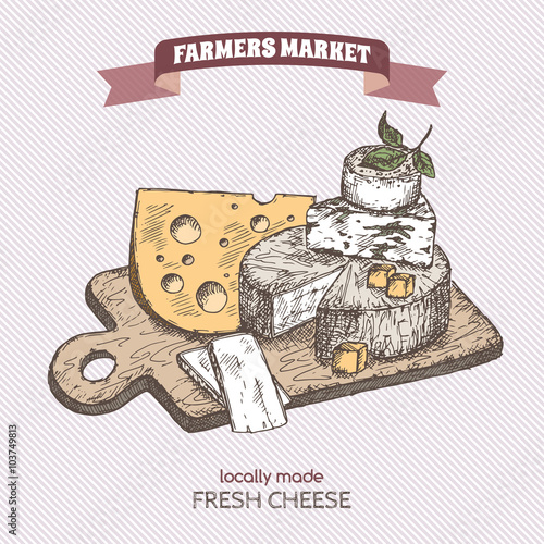 Color farmers market vintage cheese plate template.