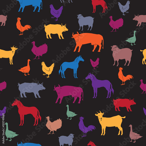 Seamless pattern with colorful farm animals. 