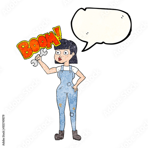speech bubble textured cartoon mechanic woman