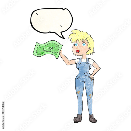 speech bubble textured cartoon confident farmer woman with money