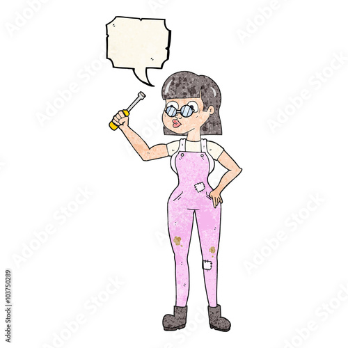 speech bubble textured cartoon female mechanic