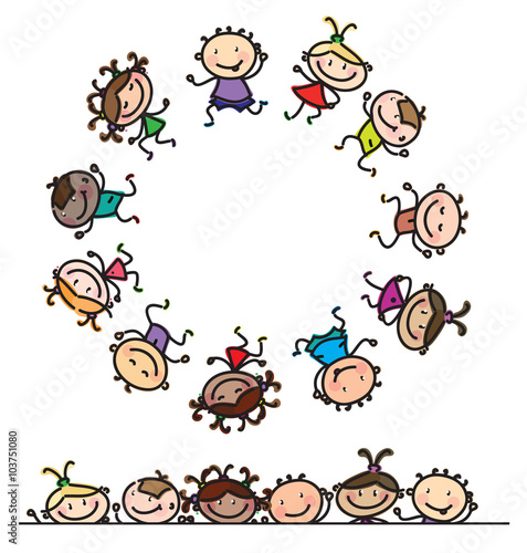 Vector fun, dancing multi-ethnic kids cartoons isolated.
