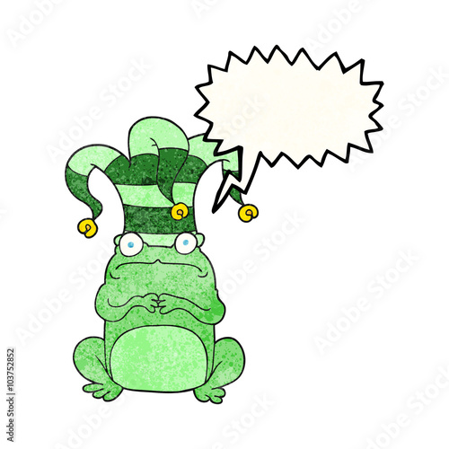 speech bubble textured cartoon nervous frog wearing jester hat