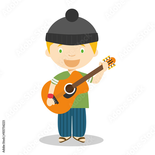 Cute cartoon vector illustration of a musician with a guitar