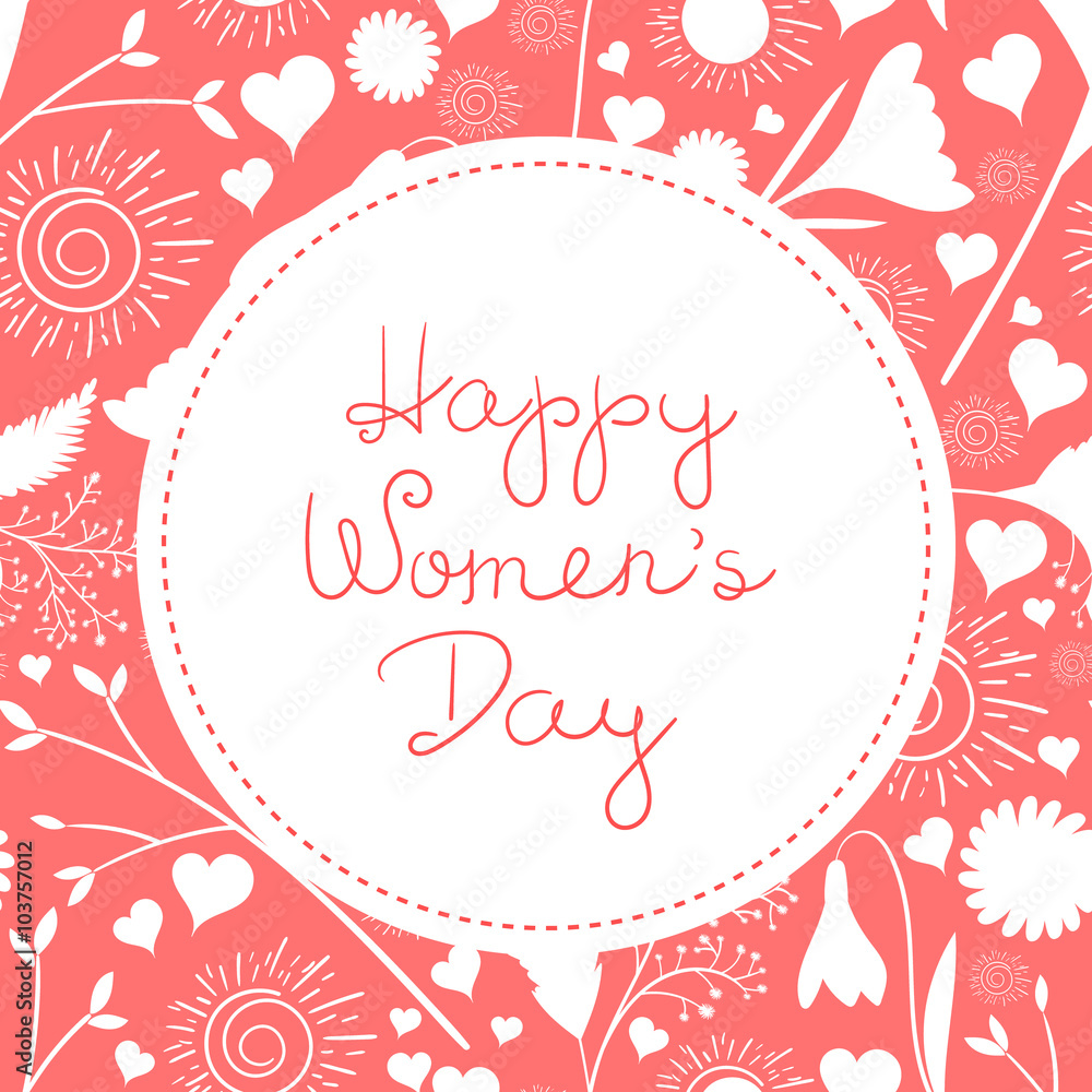 8 March greeting card vector. International woman day background in pink color.