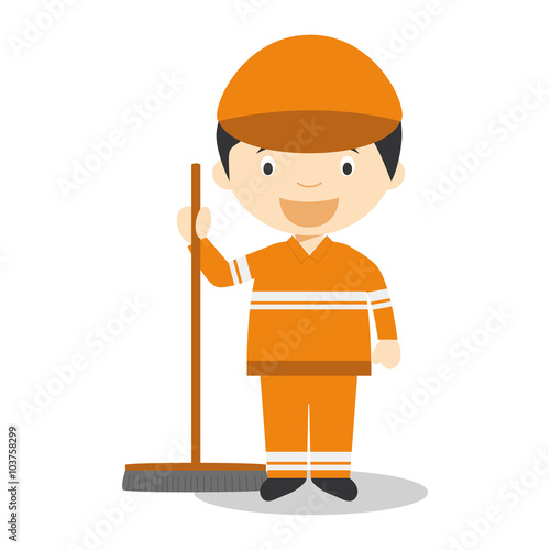 Cute cartoon vector illustration of a street sweeper