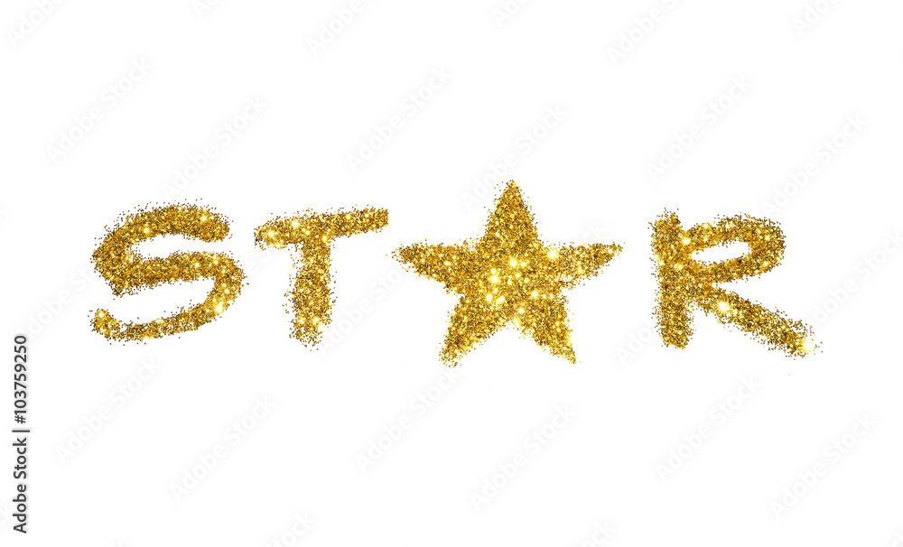Word Star of golden glitter sparkle on white background Word Star of golden glitter sparkle on white background