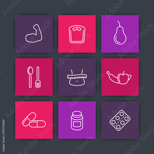 Diet icons, sport nutrition, fat loss, healthy food square icons set, vector illustration