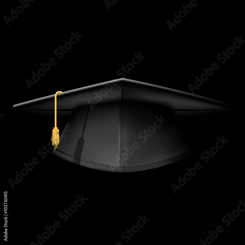 Black graduation cap - mortarboard hat on black background