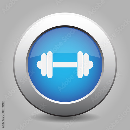 blue metal button with dumbbell