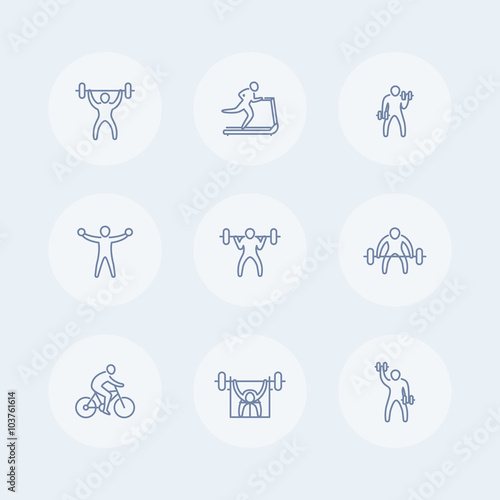 Gym, fitness exercises thin line icons, gym pictograms with exercising people, fitness training icons, vector illustration