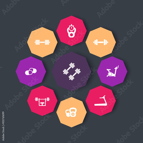 Gym, trendy color octagonal icons, vector illustration