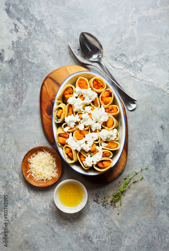 stuffed pasta with spinach, ricotta and caramelized pumpkin