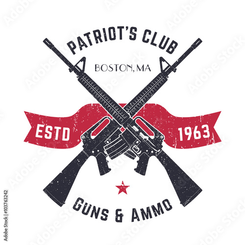 Patriots club vintage logo with crossed guns, gun shop vintage sign with assault rifles, gun store emblem on white, vector photo