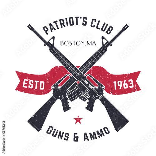 Patriots club vintage logo with crossed guns, gun shop vintage sign with assault rifles, gun store emblem on white, vector