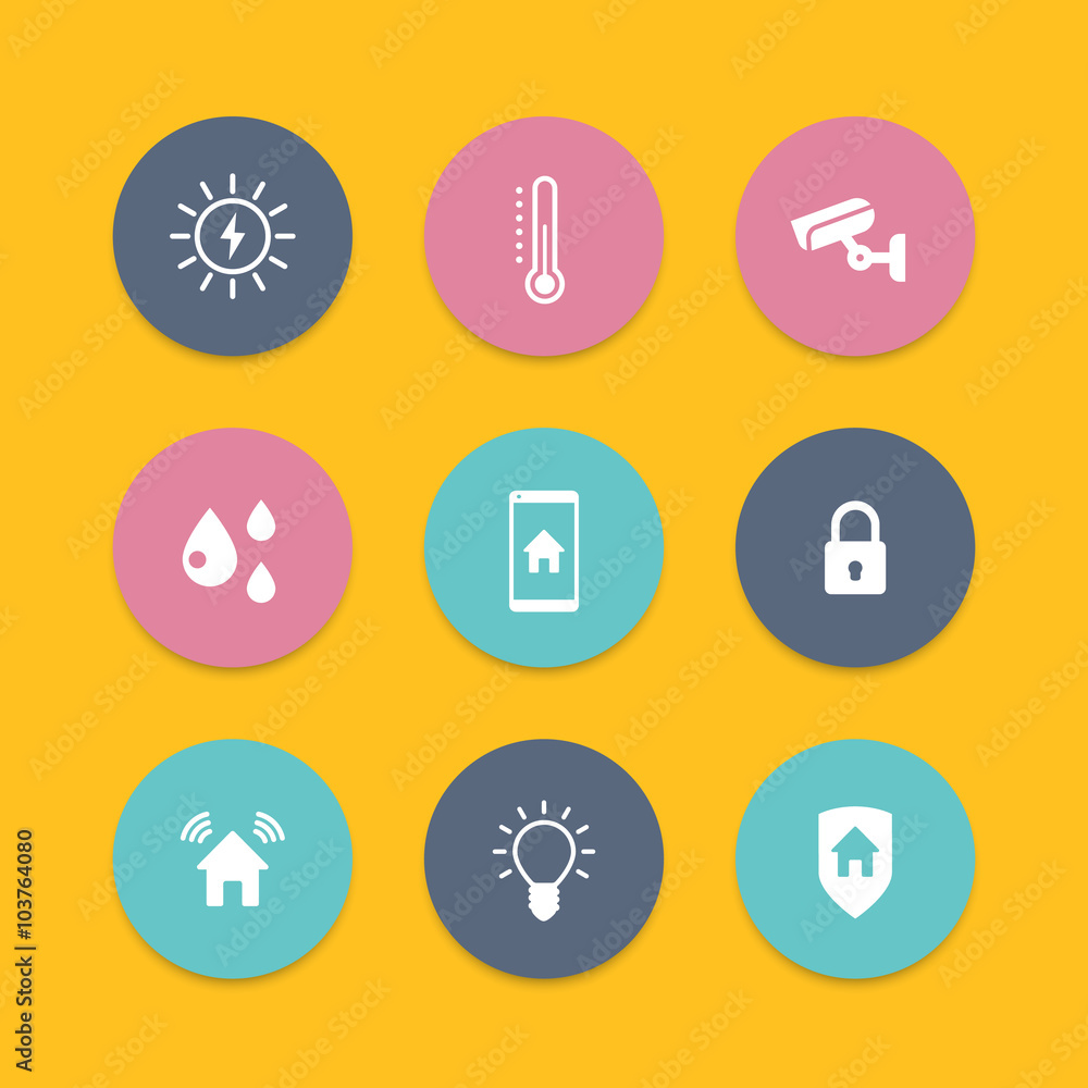 Smart house round flat icons, cctv, security, signalling, light, temperature control icons, vector illustration Smart house round flat icons, cctv, security, signalling, light, temperature control icons, vector illustration