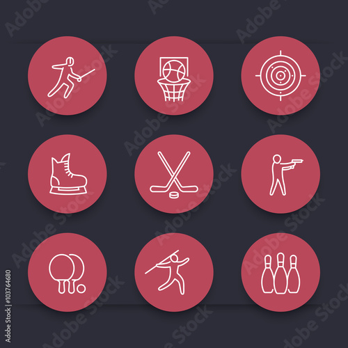 sports, games, team sport line icons, hockey, basketball, shooting sport, fencing round red icons, vector illustration