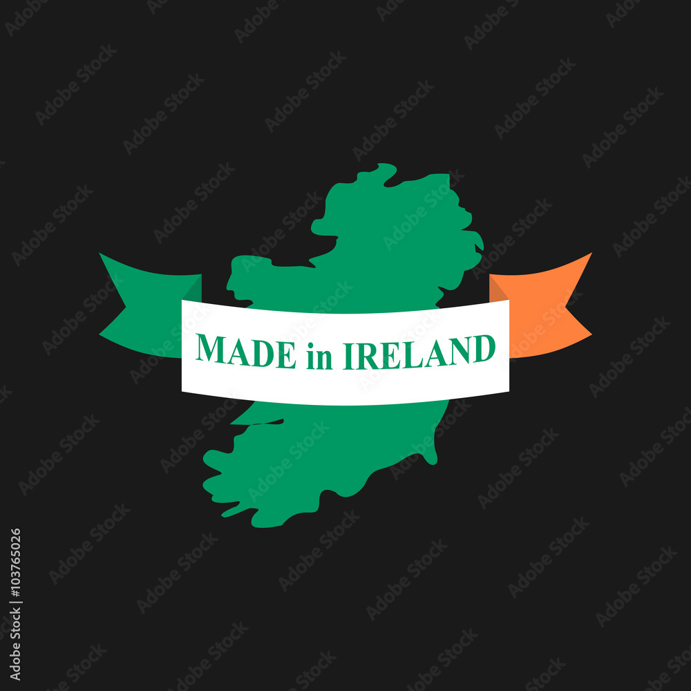 Made in Ireland. logo for product. Map of Ireland and Ribbon wit