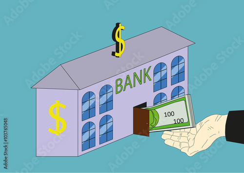 credit / the bank gives out a loan in dollars; man gets a bank loan