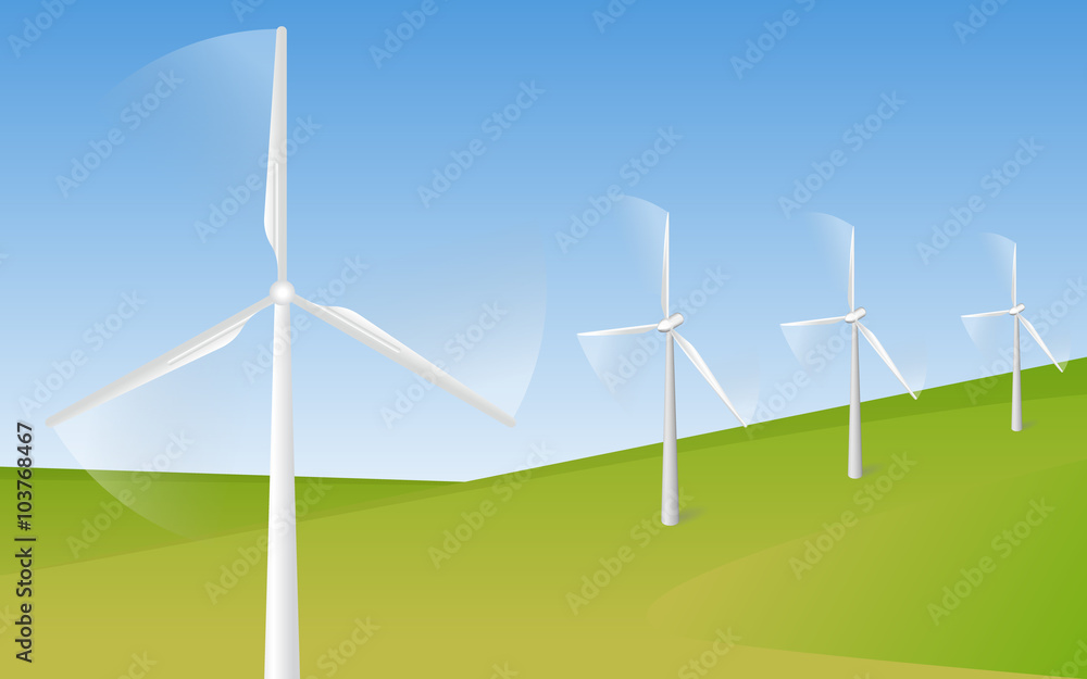 Wind turbine farm in green fields during sunrise Wind turbine farm in green fields during sunrise