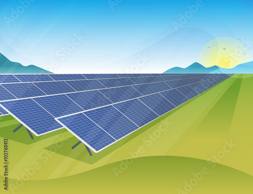 Solar panels farm in green fields during sunrise