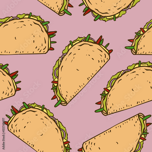Seamless Pattern with Mexican Taco in Wheat Tortilla