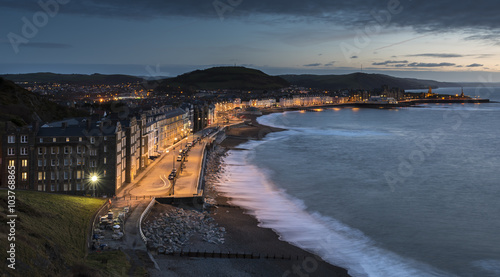Aberystwyth Promenade, on the west coast of Wales, at dusk, with a slow shutter speed photo