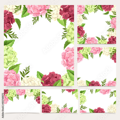 Vector set of greeting or wedding white cards with pink, maroon, white and green hydrangea flowers.