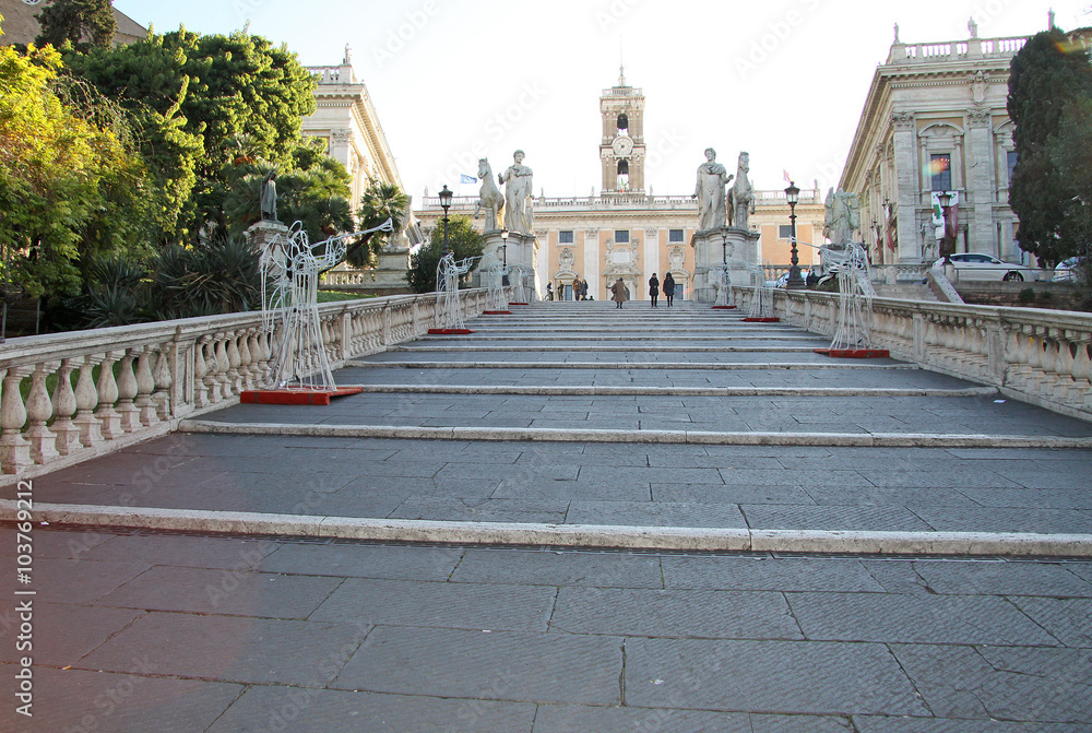 ROME, ITALY - DECEMBER 21, 2012: Staircase named Cordoata leading to Capitoline Hill, Piazza del Campidoglio in Rome, Italy
