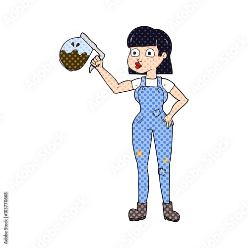 cartoon woman in dungarees with coffee
