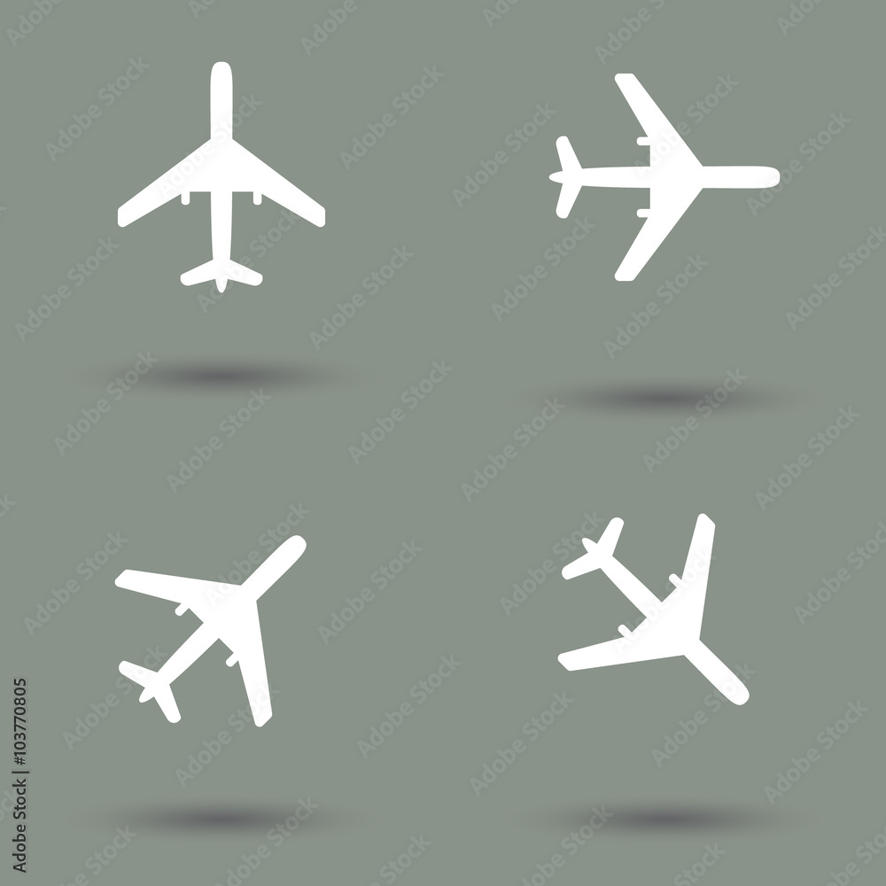 Plane vector icon collection in modern style with shadow, figure and gray background. Symbol of flight and travel.