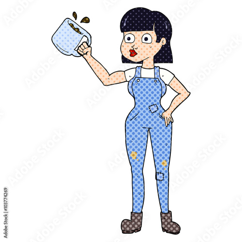 cartoon female worker with coffee mug