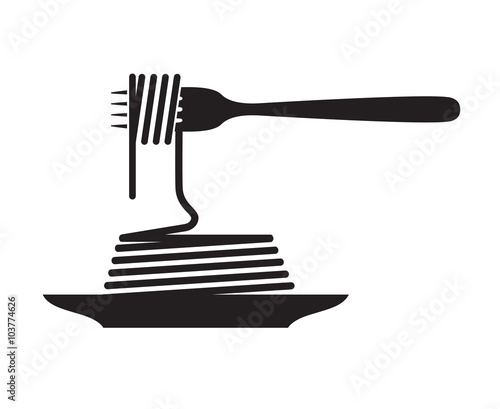monochrome illustration of fork and dish with pasta
