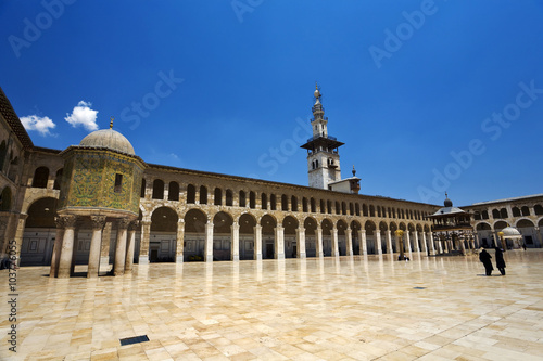 Syria. Damascus. Omayyad Mosque - northern part of courtyard with the Dome of the Treasury on left side and the Minaret of the Bride in the middle