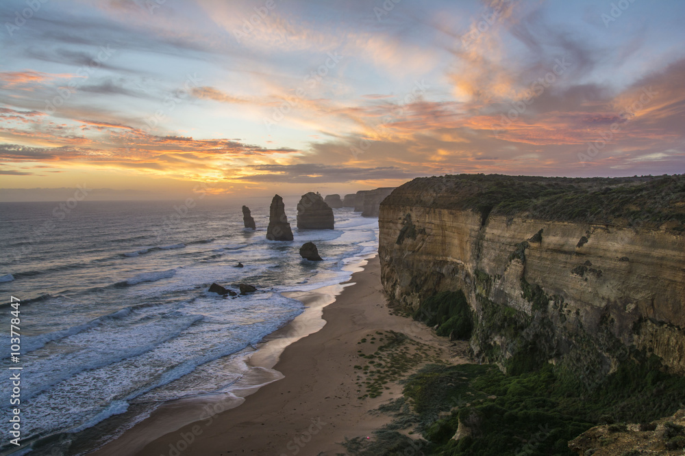 Spectacular view of the Twelve Apostles at sunset. Great Ocean Road, Victoria, Australia