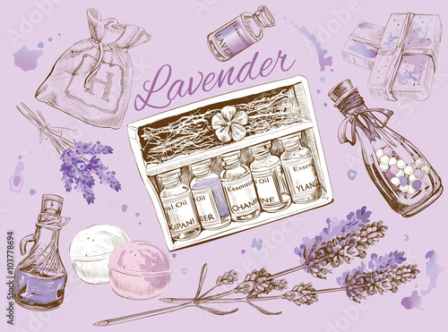 Lavender natural cosmetics set.   Design for cosmetics, store,spa,beauty salon, natural and organic products. Vector illustration