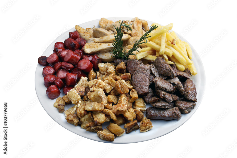 Plate of snacks, meat, potatoes, sausage, cracklings Plate of snacks, meat, potatoes, sausage, cracklings