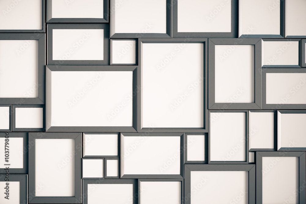 Many blank wooden picture frames on the wall, mock up Many blank wooden picture frames on the wall, mock up