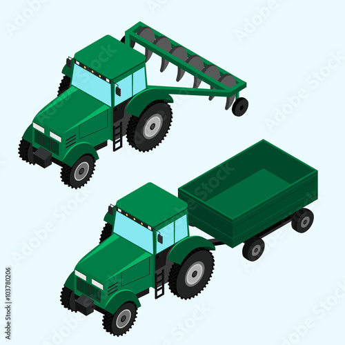 3d icons tractor with plow and tractor with trailer. isometric