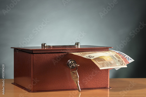 Metal moneybox with several euro banknotes sticking out
