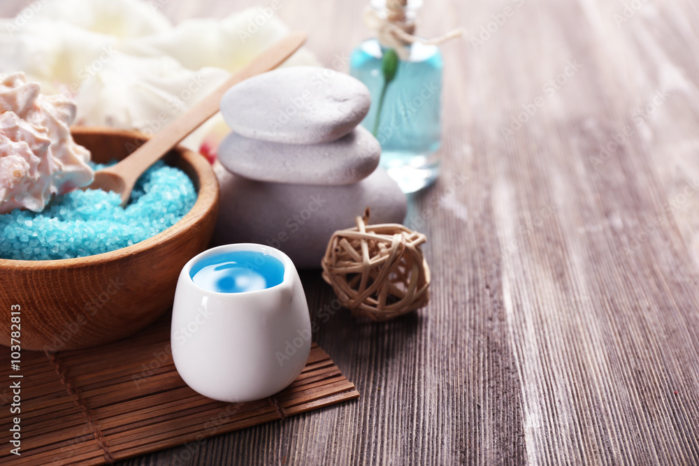 Spa set on wooden table closeup Spa set on wooden table closeup