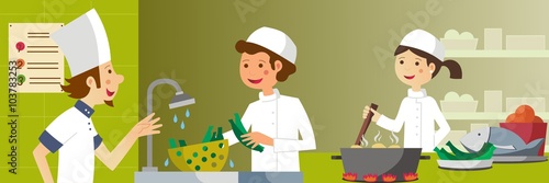 Cocineros trabajando en la cocina de un restaurante. Ilustración vectorial