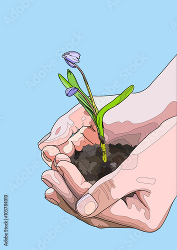 Vector illustration on the theme of spring. Hands with spring flowers, snowdrops